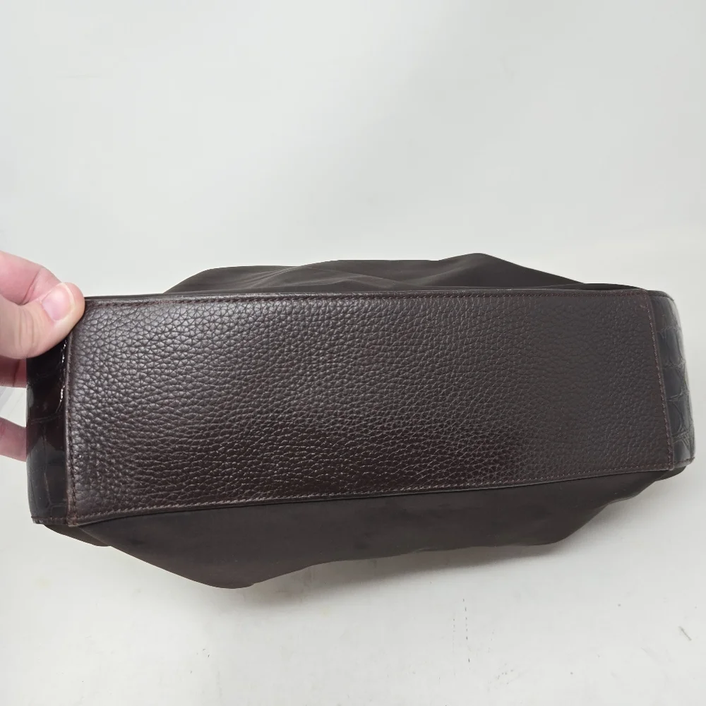 BRIGHTON Brown‎ Patent Leather Croc Embossed Nylon Hobo Purse Shoulder Bag Tote